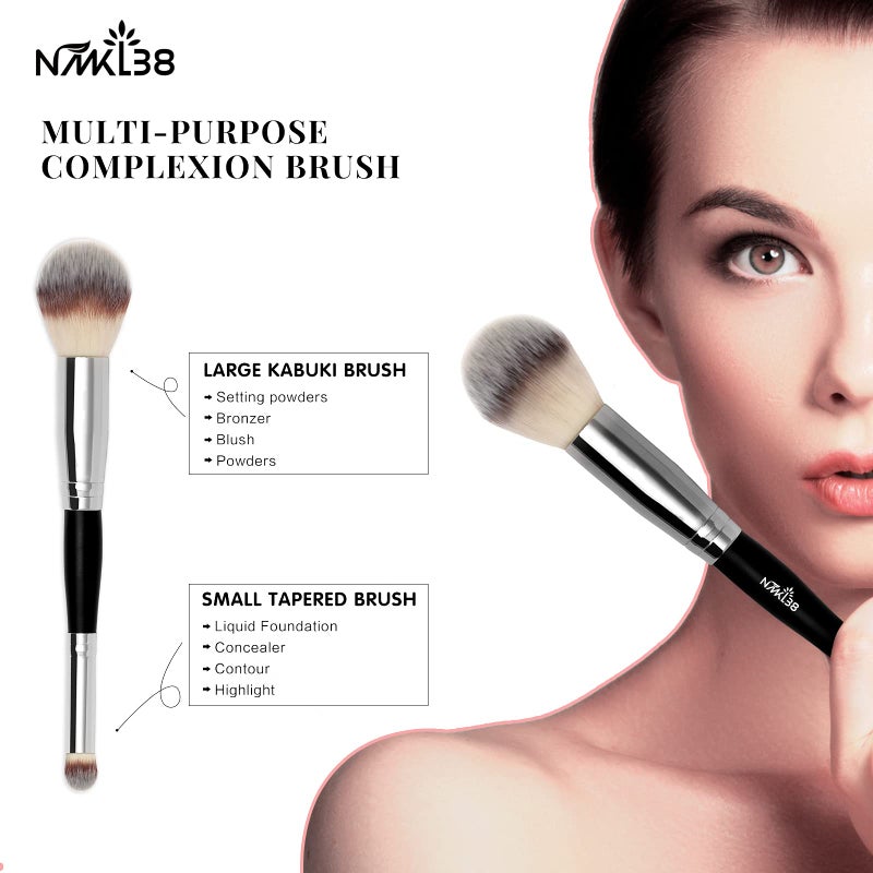 NMKL38 Double Ended Complexion Brush Face Concealer Powder Makeup Brush, Blending Liquid Foundation, Cream Cosmetics - Black Handle, Vegan Brush, Cruelty Free - Image 3